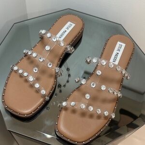 Steve Madden Tan Slide Sandals with Clear Jeweled Straps